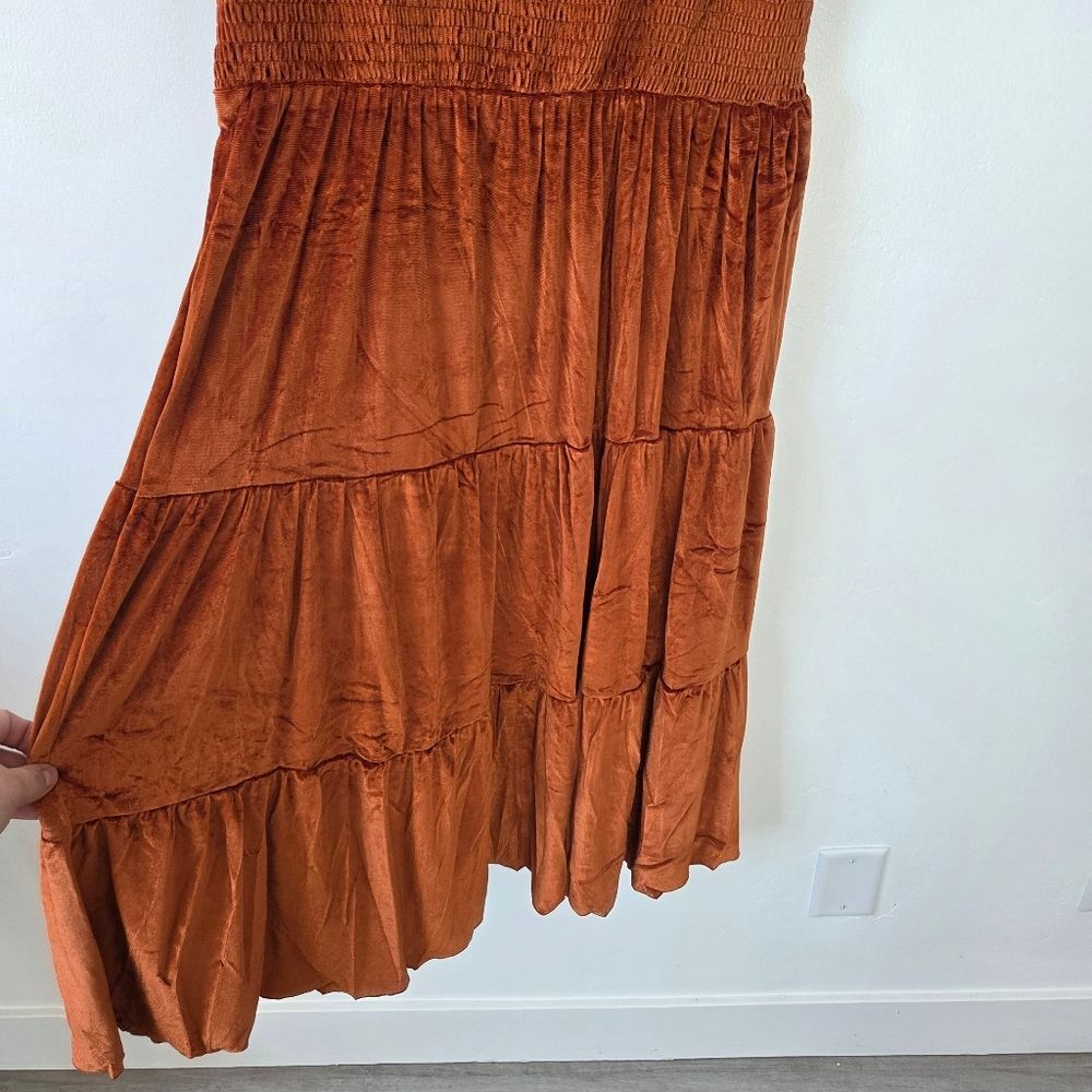 Burnt Orange Copper Velvet Maxi Dress Tiered Smocked Holiday Party Christmas M - Picture 10 of 12